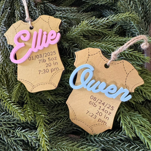 Baby's First Holiday Onesie Ornament with gold, pink, blue