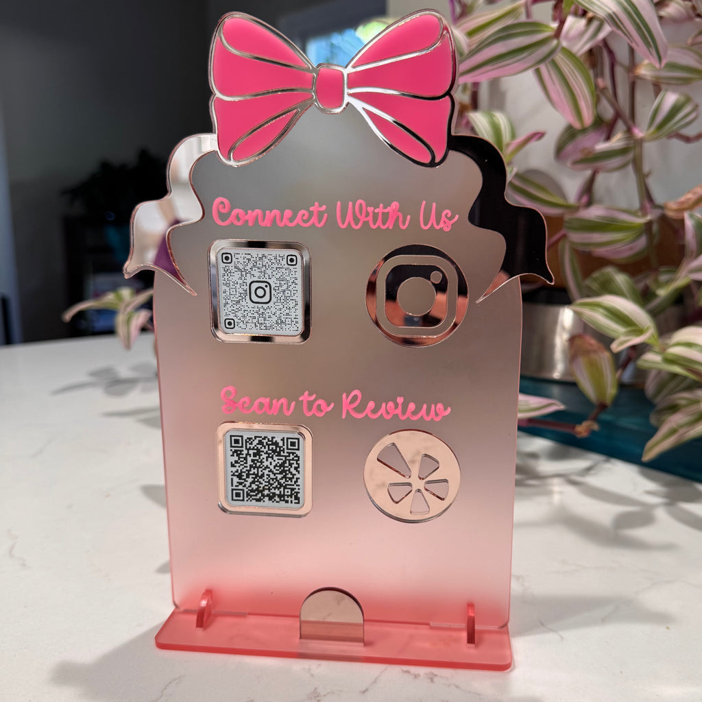 Bow QR Code Sign | Frosted Rose Acrylic with Business Card Holder
